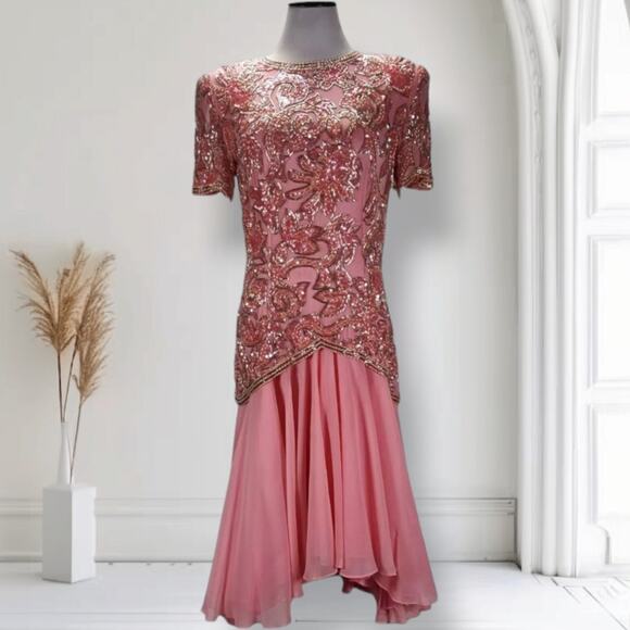 Vintage Lillie Rubin Sequin Silk Cocktail Dress Size 8 Pink Drop Waist Fit Flare - Picture 1 of 16